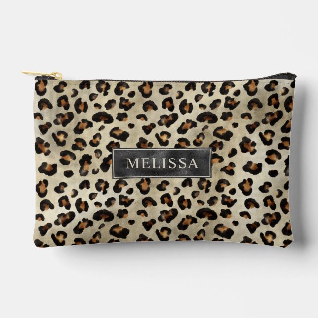 Leopard Animal Print With Black Faux Foil And Name Accessory Pouch (Front)