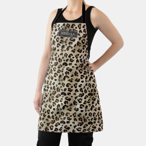 Leopard Animal Print With Black Faux Foil And Name Apron