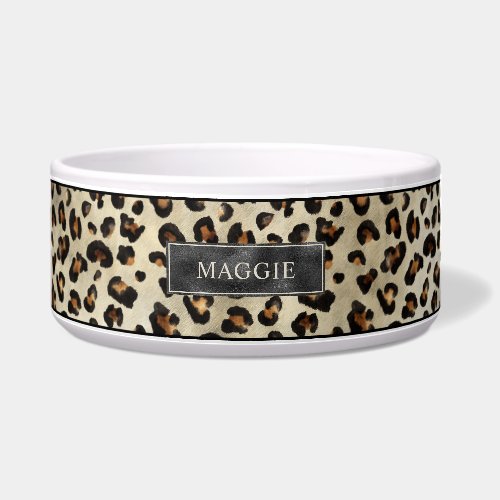 Leopard Animal Print With Black Faux Foil And Name Bowl