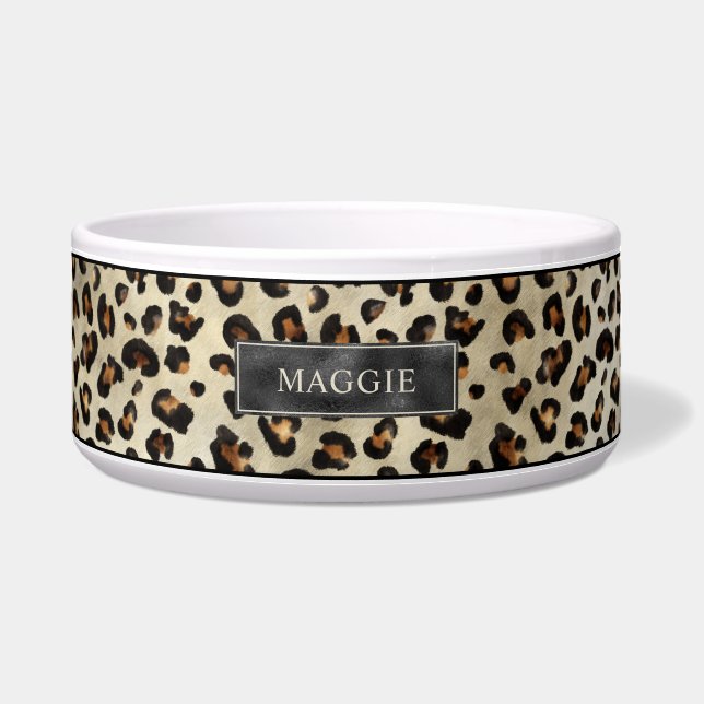 Leopard Animal Print With Black Faux Foil And Name Bowl (Front)