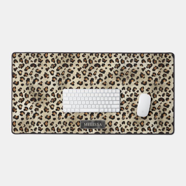Leopard Animal Print With Black Faux Foil And Name Desk Mat (Keyboard & Mouse)