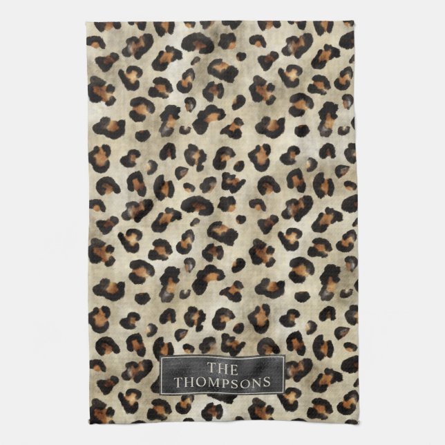 Leopard Animal Print With Black Faux Foil And Name Kitchen Towel (Vertical)