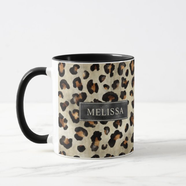 Leopard Animal Print With Black Faux Foil And Name Mug (Left)