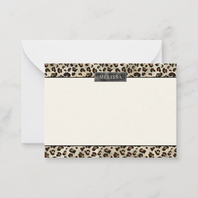 Leopard Animal Print With Black Faux Foil And Name Note Card (Front)