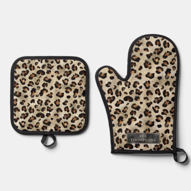 Leopard Animal Print With Black Faux Foil And Name Oven Mitt & Pot Holder Set (Front)
