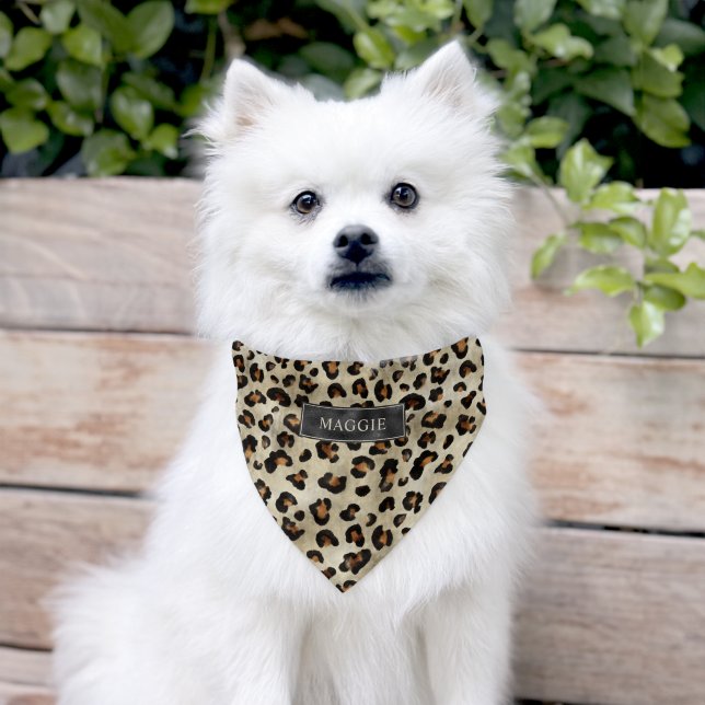 Leopard Animal Print With Black Faux Foil And Name Pet Bandana Collar (Dog)
