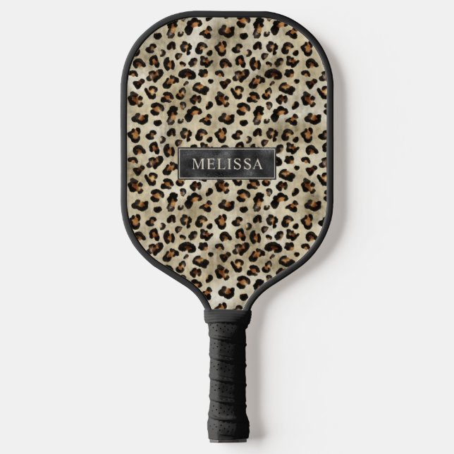 Leopard Animal Print With Black Faux Foil And Name Pickleball Paddle (Front)