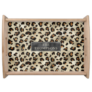 Leopard Animal Print With Black Faux Foil And Name Serving Tray