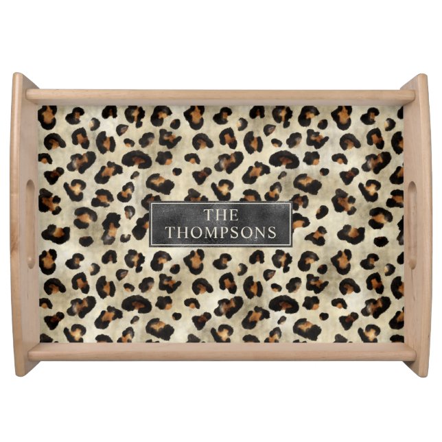 Leopard Animal Print With Black Faux Foil And Name Serving Tray (Front)