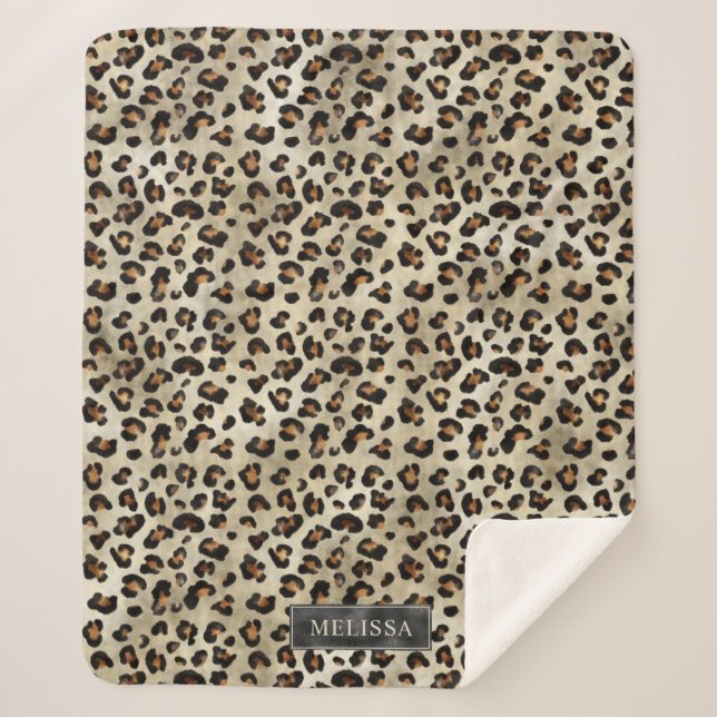 Leopard Animal Print With Black Faux Foil And Name Sherpa Blanket (Front)