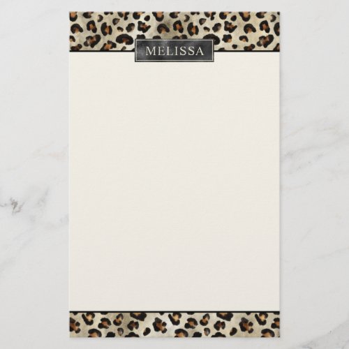 Leopard Animal Print With Black Faux Foil And Name Stationery