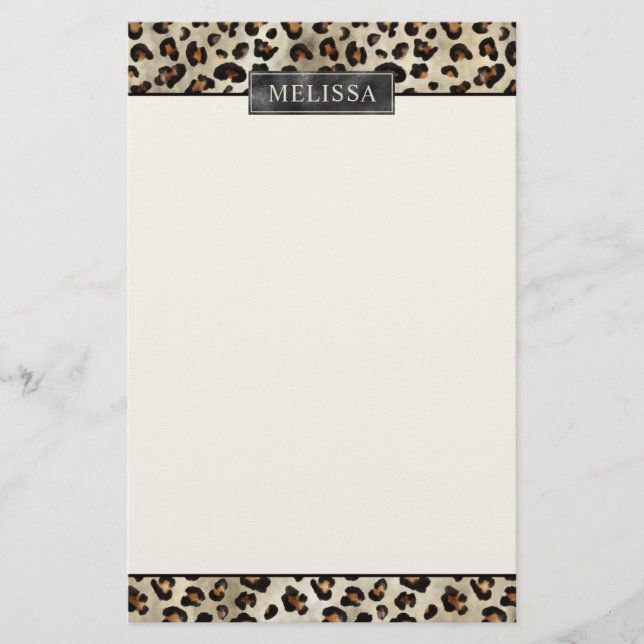 Leopard Animal Print With Black Faux Foil And Name Stationery (Front)