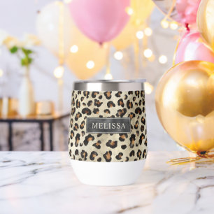 Leopard Animal Print With Black Faux Foil And Name Thermal Wine Tumbler