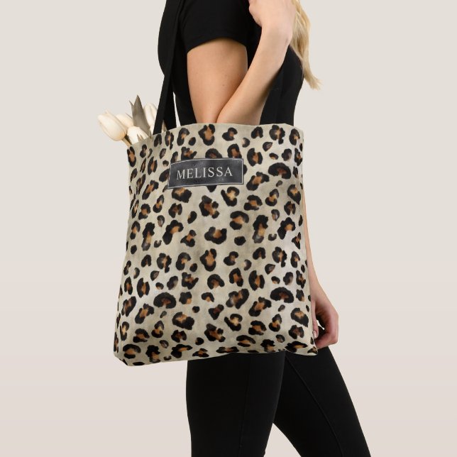 Leopard Animal Print With Black Faux Foil And Name Tote Bag (Close Up)