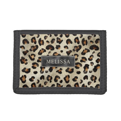 Leopard Animal Print With Black Faux Foil And Name Trifold Wallet