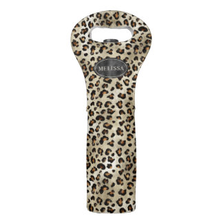 Leopard Animal Print With Black Faux Foil And Name Wine Bag