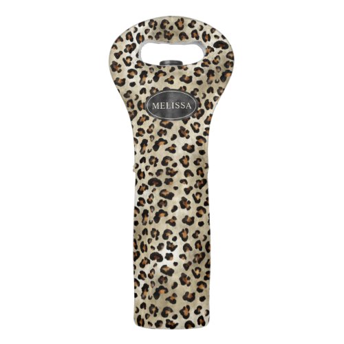 Leopard Animal Print With Black Faux Foil And Name Wine Bag