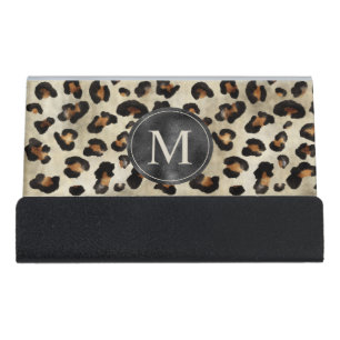 Leopard Animal Print With Black Faux Foil Monogram Desk Business Card Holder