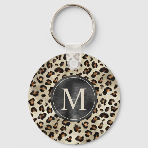 Leopard Animal Print With Black Faux Foil Monogram Keychain