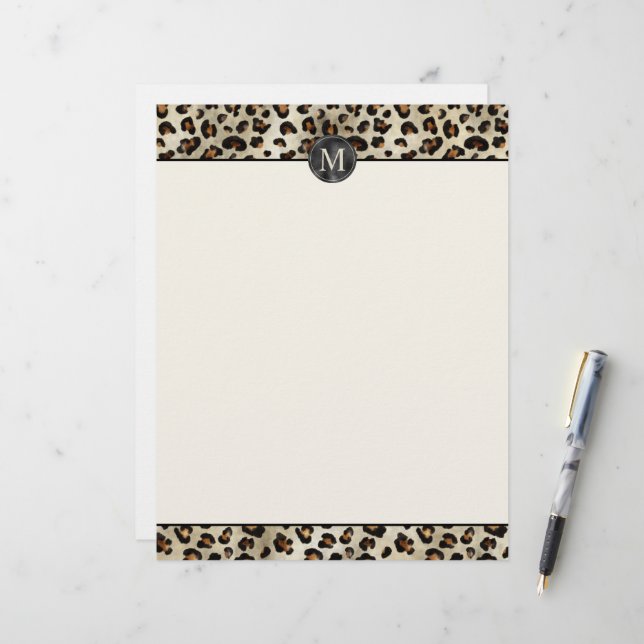 Leopard Animal Print With Black Faux Foil Monogram Letterhead (Front/Back In Situ)