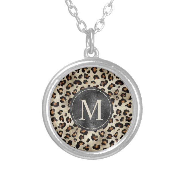 Leopard Animal Print With Black Faux Foil Monogram Silver Plated Necklace (Front)