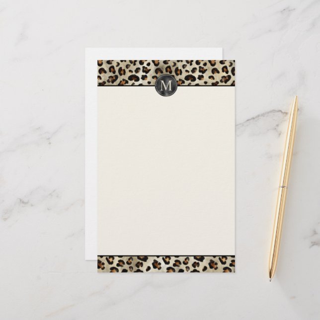 Leopard Animal Print With Black Faux Foil Monogram Stationery (Front/Back In Situ)