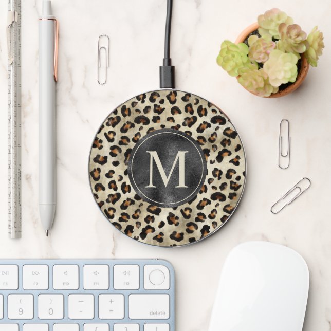 Leopard Animal Print With Black Faux Foil Monogram Wireless Charger (Desk)