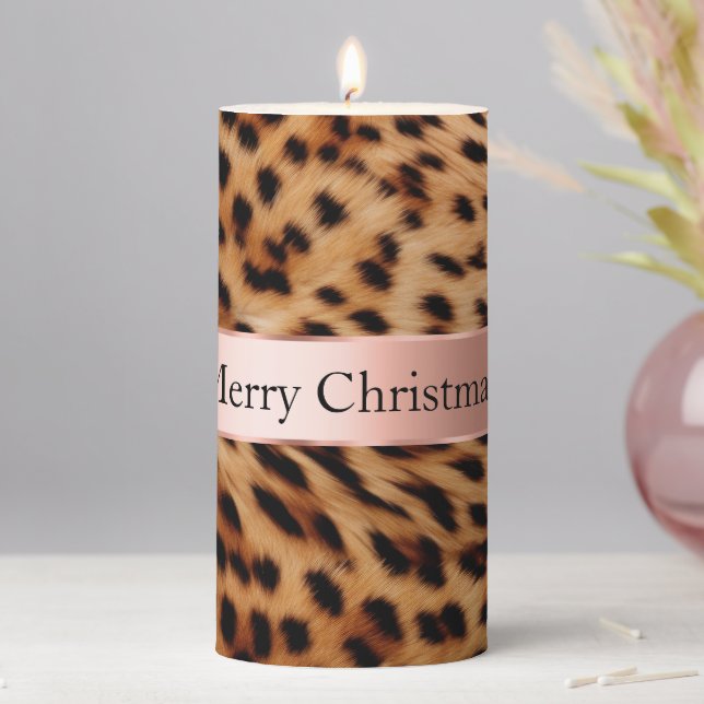 Leopard Animal Rose Pink Ribbon Christmas Pillar Candle (In Situ)