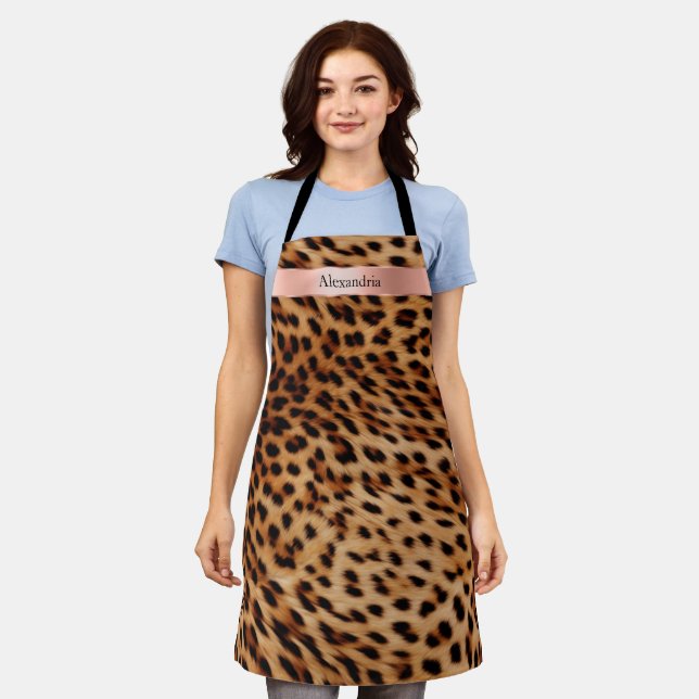 Leopard Animal Rose Pink Ribbon Name Apron (Worn)