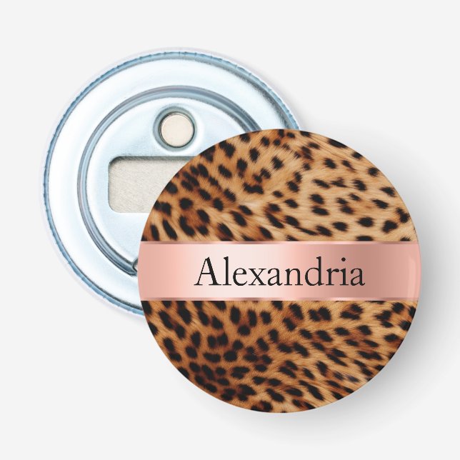 Leopard Animal Rose Pink Ribbon Name Bottle Opener (Front)