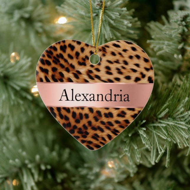 Leopard Animal Rose Pink Ribbon Name Ceramic Ornament (Tree)