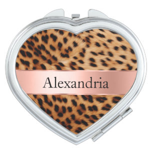 Leopard Animal Rose Pink Ribbon Name Compact Mirror