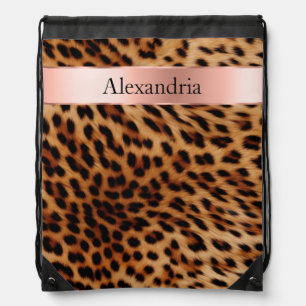 Leopard Animal Rose Pink Ribbon Name Drawstring Bag