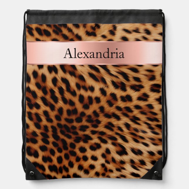 Leopard Animal Rose Pink Ribbon Name Drawstring Bag (Front)