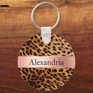 Leopard Animal Rose Pink Ribbon Name Keychain