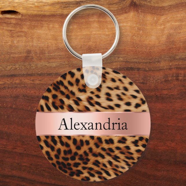 Leopard Animal Rose Pink Ribbon Name Keychain (Front)