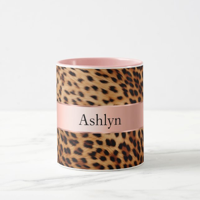 Leopard Animal Rose Pink Ribbon Name Mug (Center)