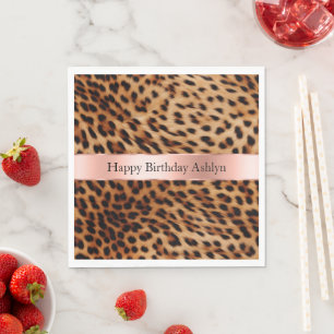 Leopard Animal Rose Pink Ribbon Name Napkins