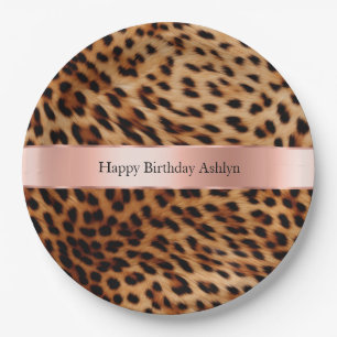 Leopard Animal Rose Pink Ribbon Name Paper Plates