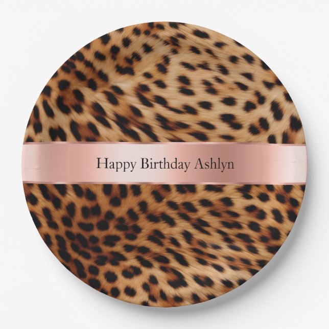 Leopard Animal Rose Pink Ribbon Name Paper Plates (Front)