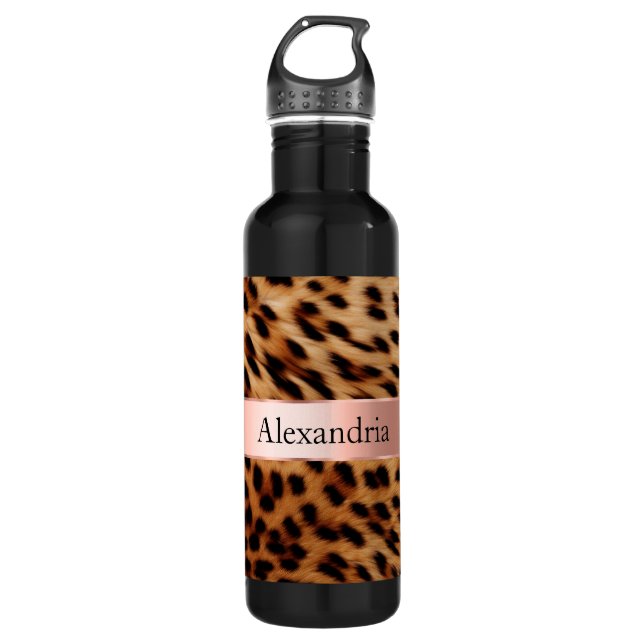 Leopard Animal Rose Pink Ribbon Name Stainless Steel Water Bottle (Front)