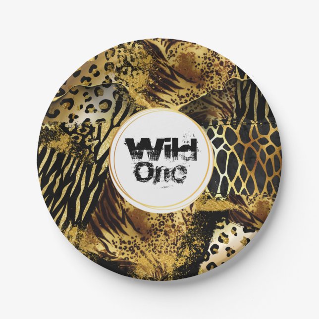 Leopard animal skin wild one safari birthday paper plates (Front)