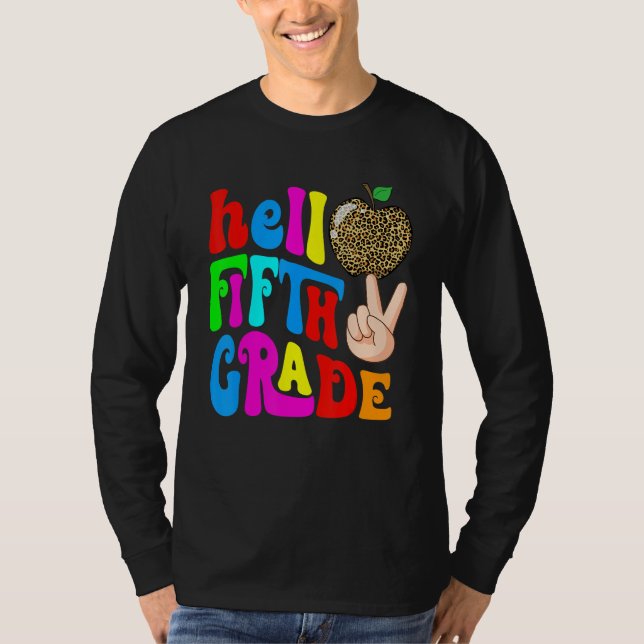 Leopard Apple Hello 5th Grade Teacher Kids Back To T-Shirt (Front)
