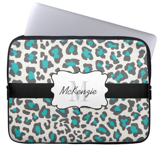 Leopard Aqua Gray White Neoprene Laptop Sleeve (Front)
