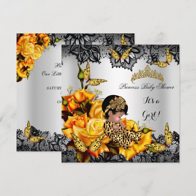 Leopard Baby Shower Girl Butterfly Yellow Ethnic Invitation (Front/Back)