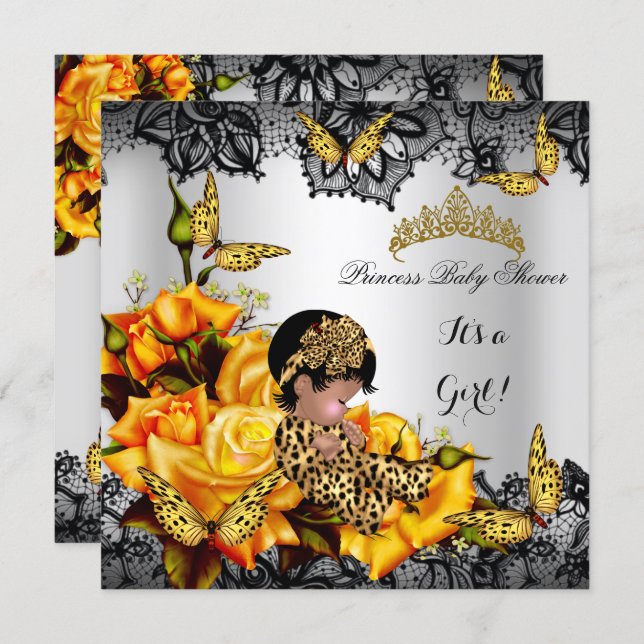 Leopard Baby Shower Girl Butterfly Yellow Ethnic Invitation (Front/Back)