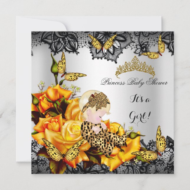 Leopard Baby Shower Girl Butterfly Yellow Gray Invitation (Front)
