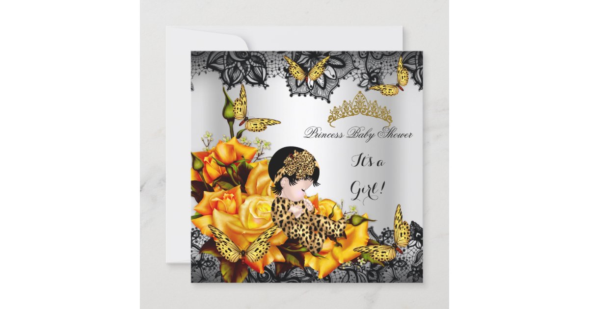 Leopard Baby Shower Girl Butterfly Yellow Gray Invitation