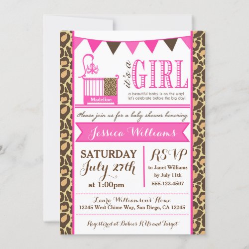 Leopard Baby Shower Invitation For Baby Girls