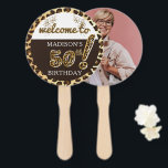 Leopard Balloon 50th Birthday Photo Personalized Hand Fan<br><div class="desc">Leopard Foil Balloon Script Modern Birthday design. Matching products can be found in Leopard Foil Balloon Adult Birthday collection.

Photo: Image by lookstudio on Freepik</div>